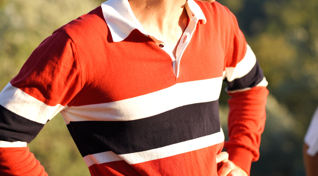 Rugby Polo in Cotton Crepe - Cardinal Red Blue Navy / Off White